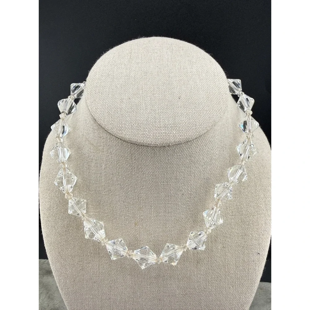 Vintage‎ Glass Beaded Necklace Clear Faceted Prom Wedding 16
